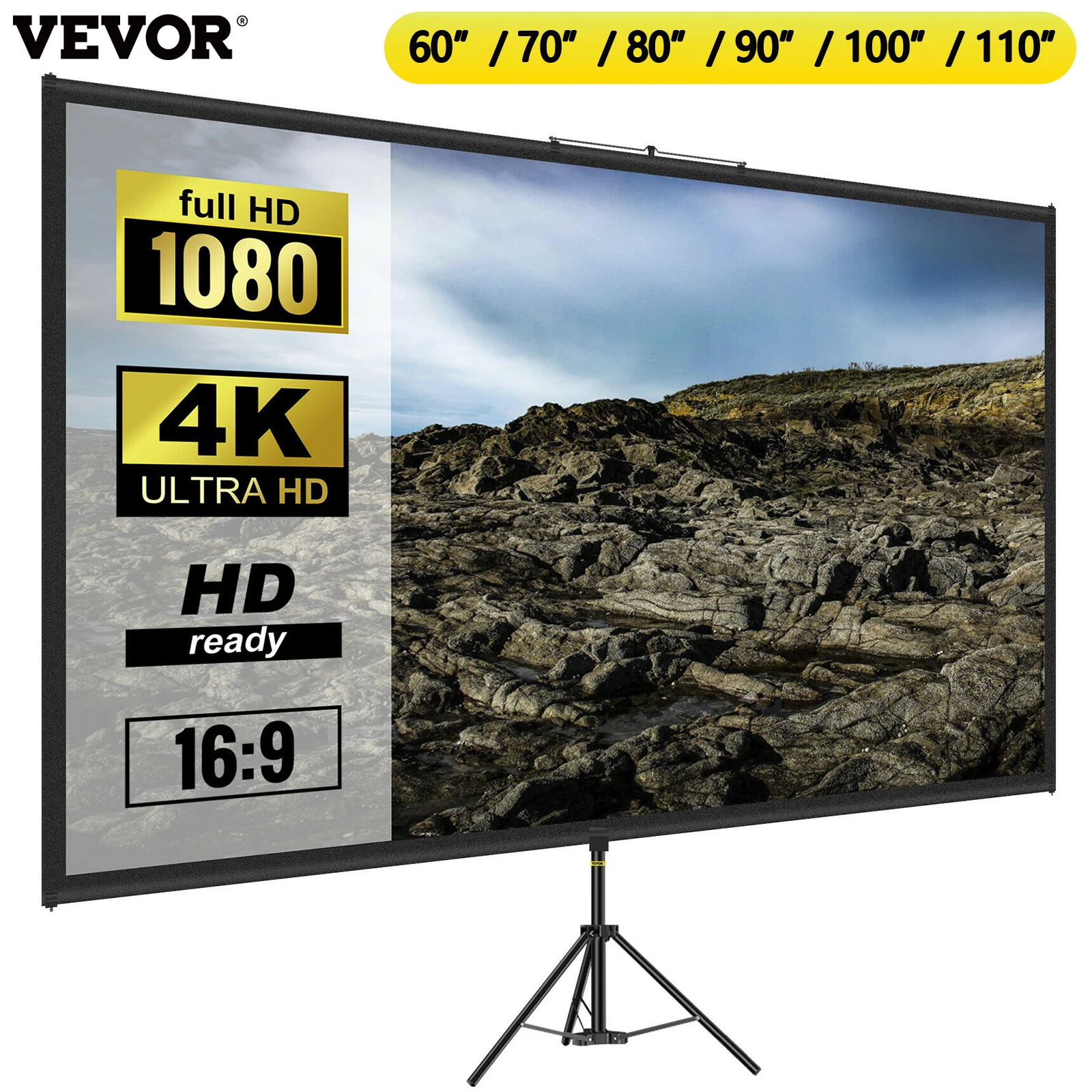 VEVOR 60 70 80 90 100 110 Inch Tripod Projector Screen W/ Stand 16:9 4K HD Portable Home Cinema for Indoor & Outdoor