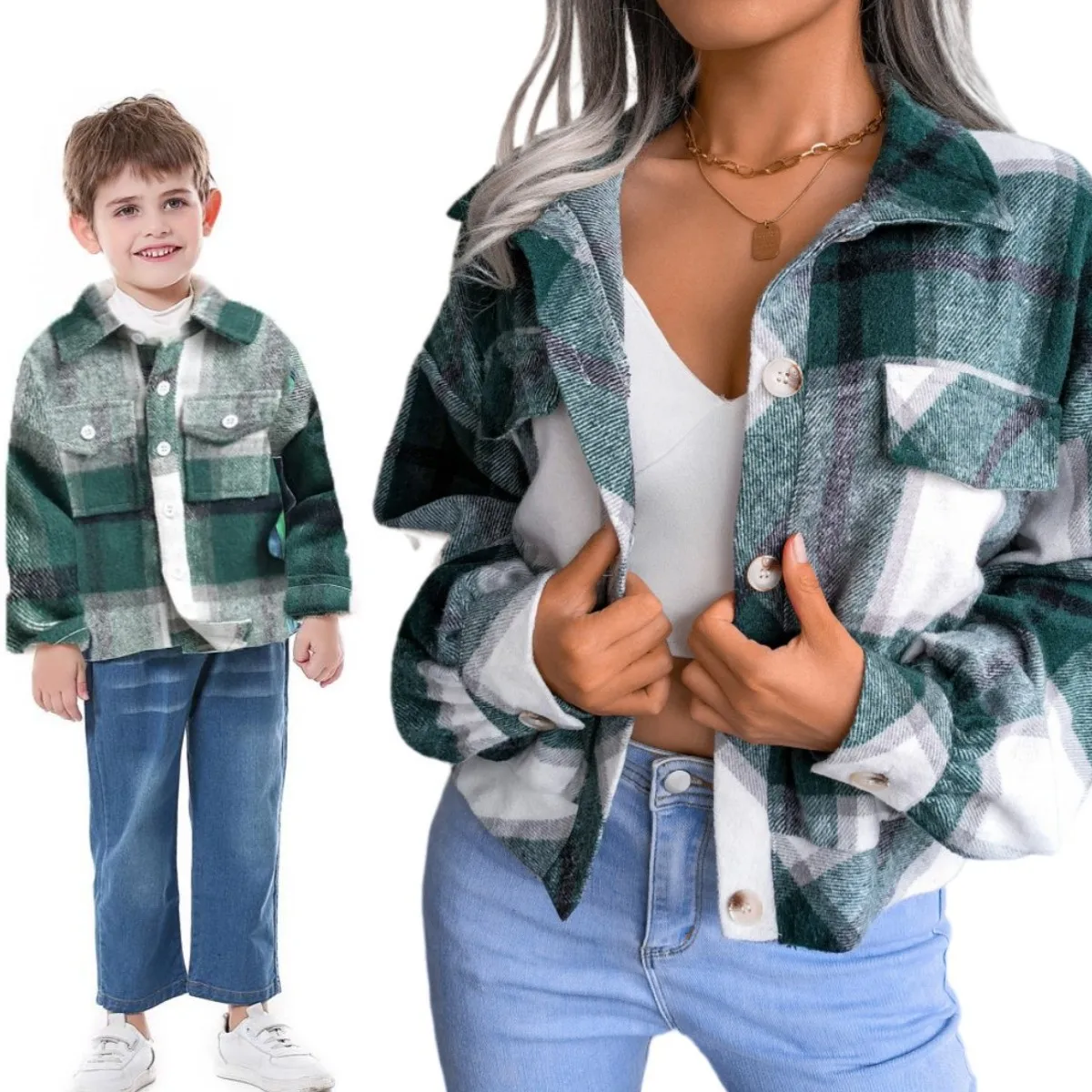 Christmas Green Family Matching Plaid Jacket Long Shirts Mom Dad and Me Boy GIrl Outwear Coat Woman Sisters Brothers Sweatshirt