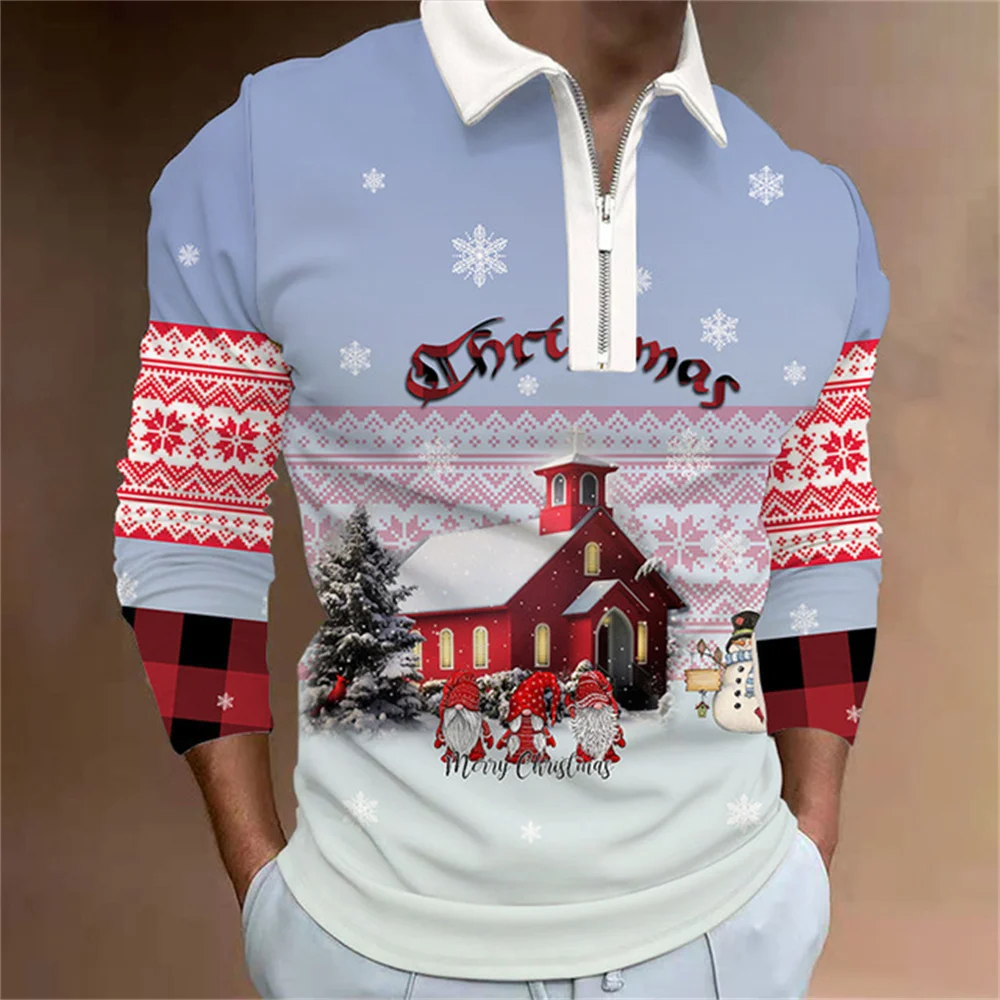 2022 New Long Sleeve Polo Shirt Men's Christmas Style Top Cute Cartoon Santa Claus Printed Polo Shirt Men's Autumn Top