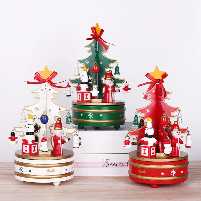 Christmas Tree Wooden Rotary Music Box Creative Gift Window Wooden Octave Box Music Bell Ornaments