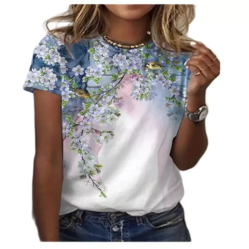 women's summer short sleeve T-shirt, 3D floral print, round neck, loose casual style XXS-6XL