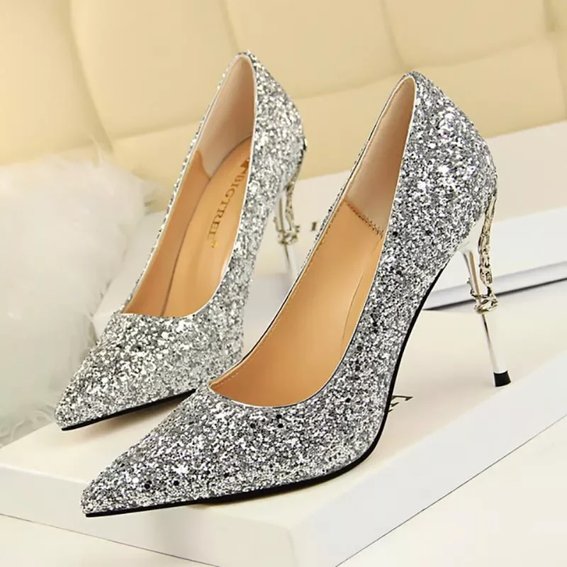 ladies glitter gold silver pumps 2022 sexy pointed toe over 8cm high heels wedding party shoes women pumps