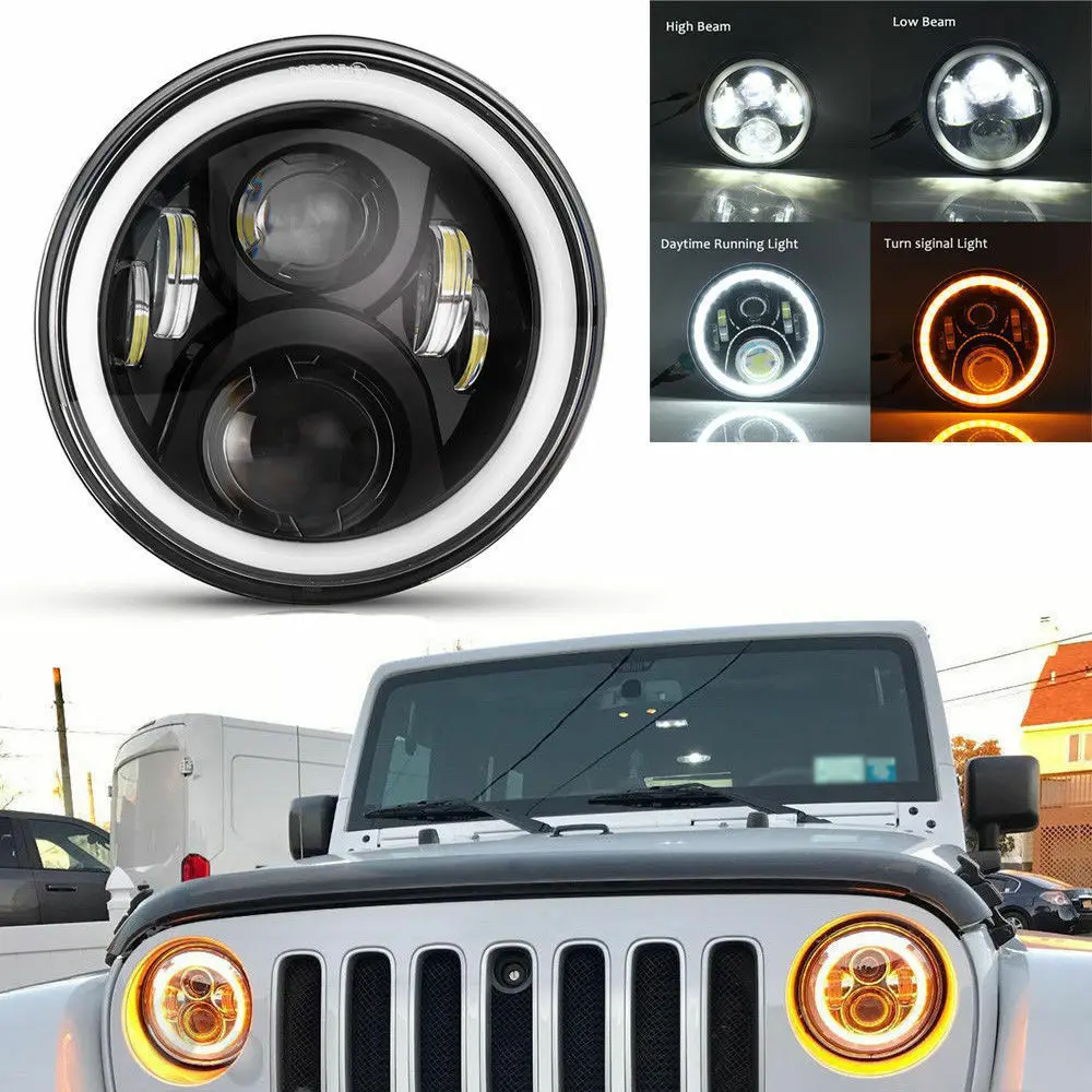 7 inch Headlight LED High/Low Beam White to Yellow Turn Singal Angel Eye Light DRL for Jeep Wrangler Off-roard Cars Motorcycle