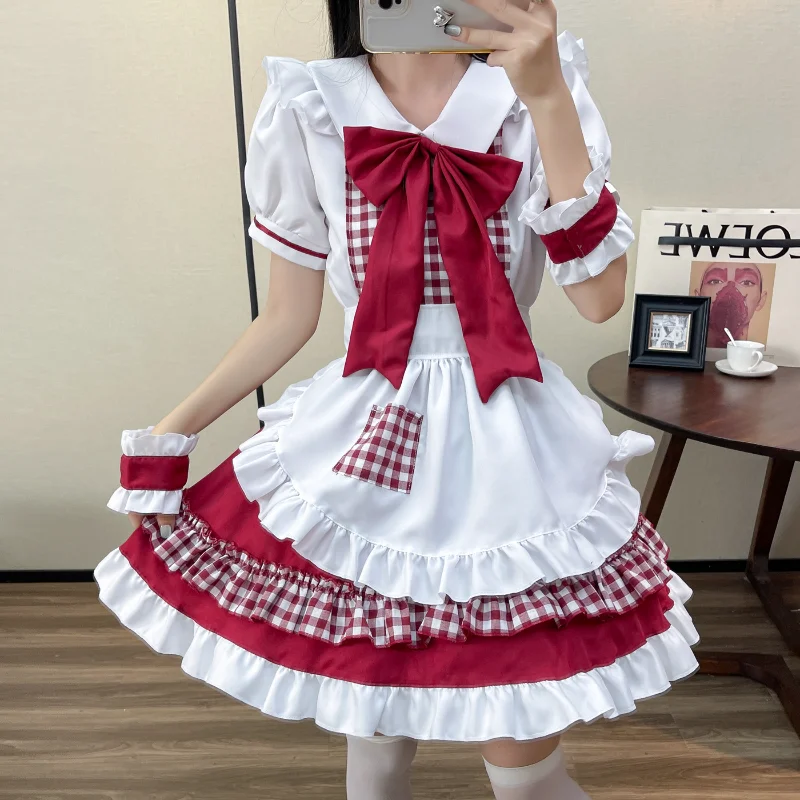 Harajuku Lolita Dress Red White Cute Anime Cosplay Maid Outfit Lolita Skirt JK Party Dress Goth Japanese Role Play Clothes