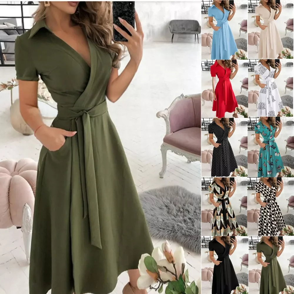 Lady Elegant Summer Short Sleeveless Dress Women Casual Turn-Down Collar Belt Dress Sexy V Neck Slim Solid Long PartyRobe