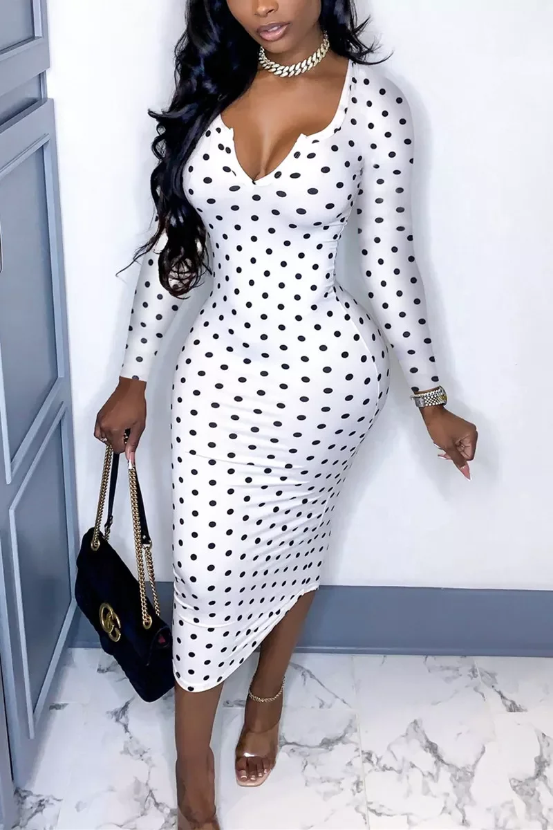 Deep V Low Cut Bodycon Midi Dress Vintage Women Polka Dot Sheath Dress Office Lady Skinny Long Sleeve Dress Autumn Spring