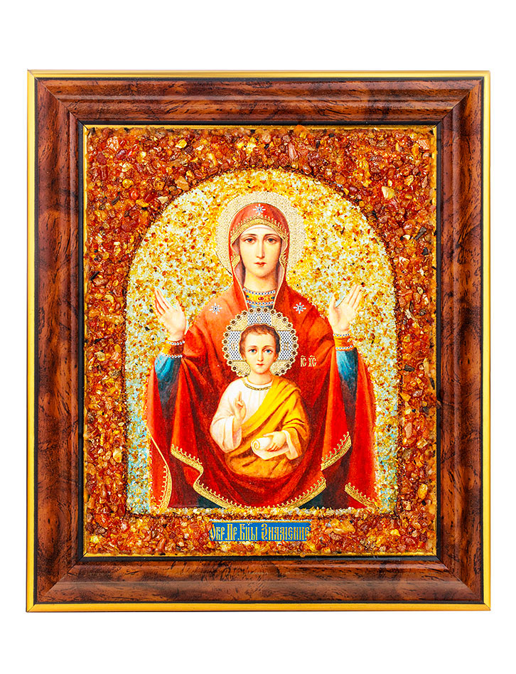 Икона, украшенная натуральным янтарём «Знамение»