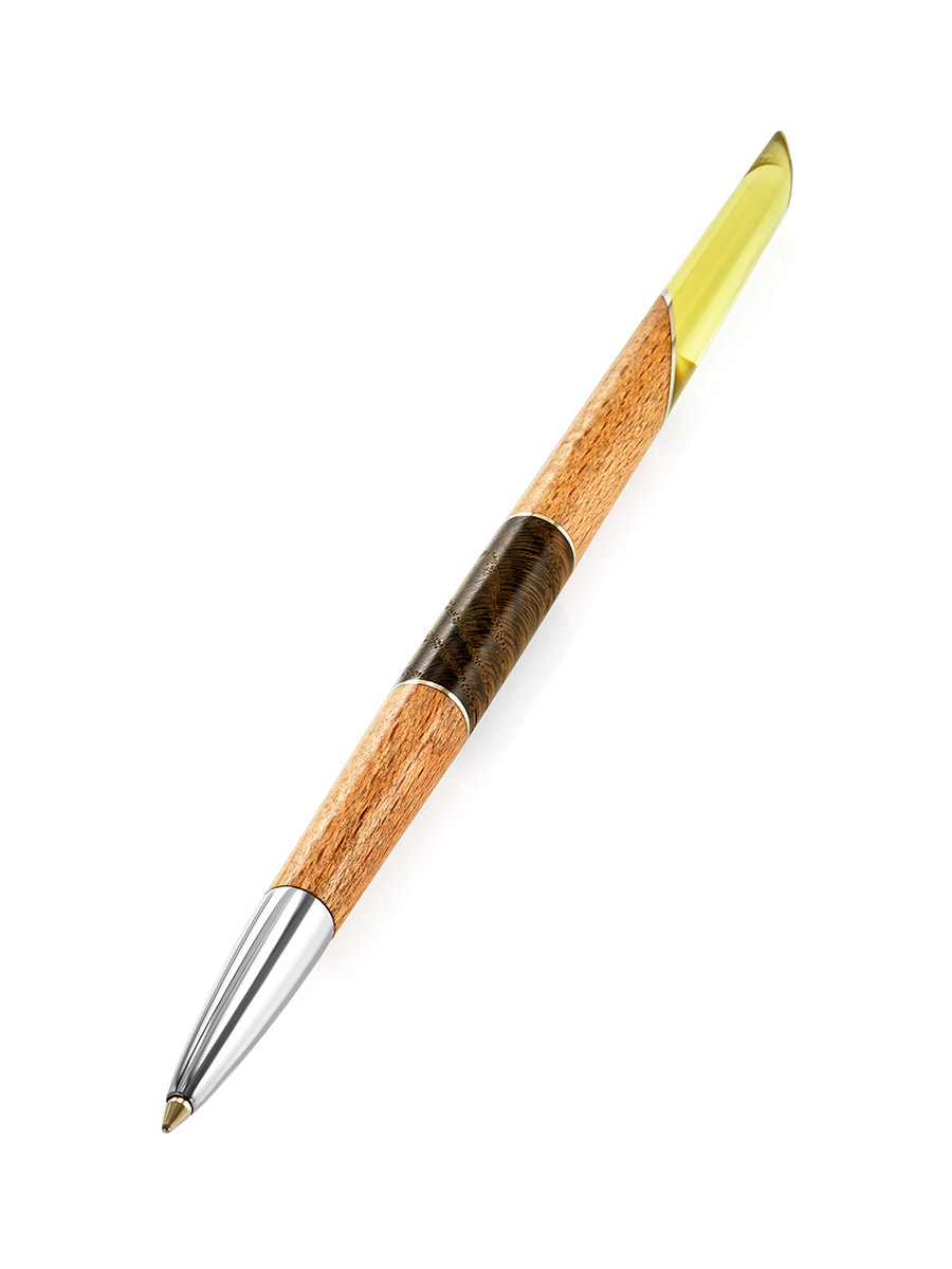 Ручка из дерева и натурального цельного янтаря красивого лимонного цвета