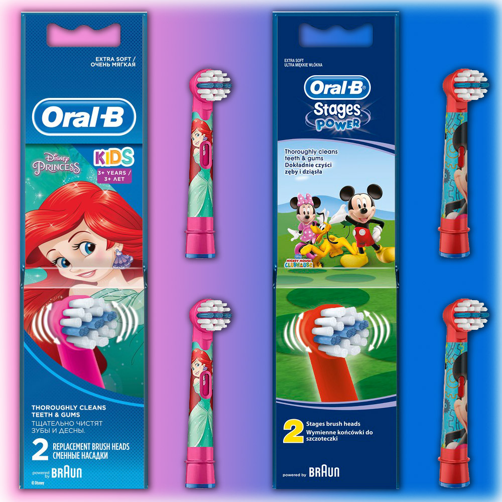 Насадки для зубных щеток Oral-B Mickey Mouse (2 шт) или Русалочка (2 шт)