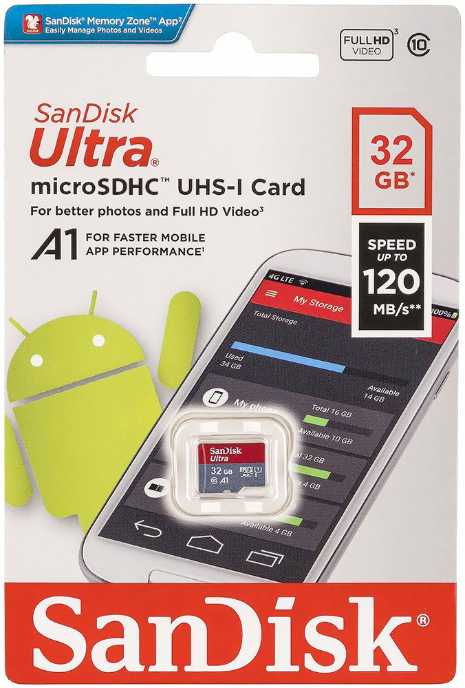 Карты памяти Карта памяти SanDisk Ultra 32GB microSDHC Class 10 (SDSQUNC-032G-ZN3MN)