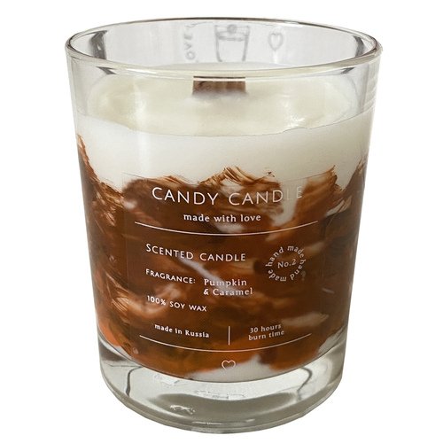  Свеча ароматическая Candy Candle, тыквенно-карамельный хруст, оранжево-коричневый мрамор, 180 мл