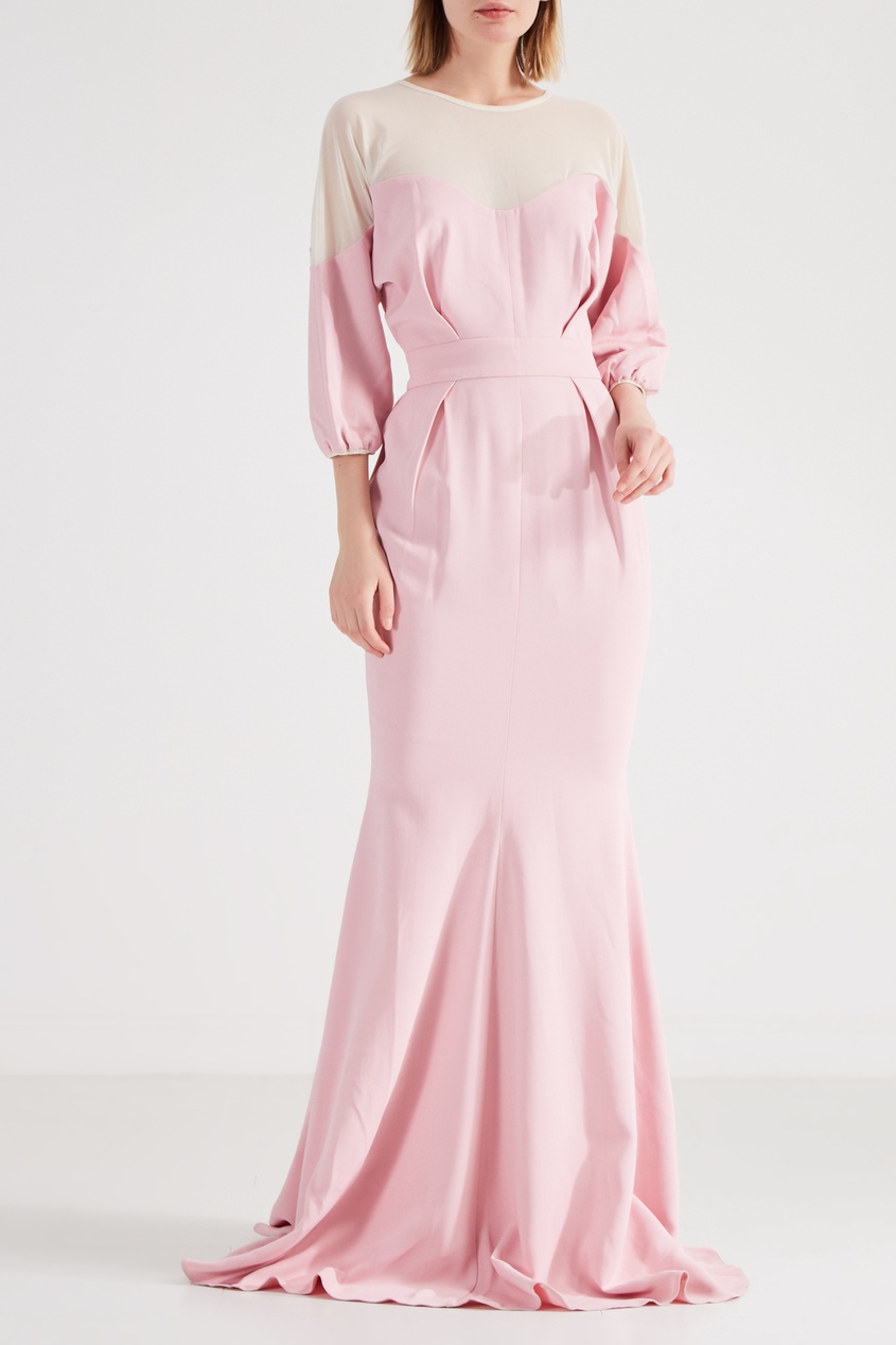 Макси Розовое платье с сетчатой вставкой