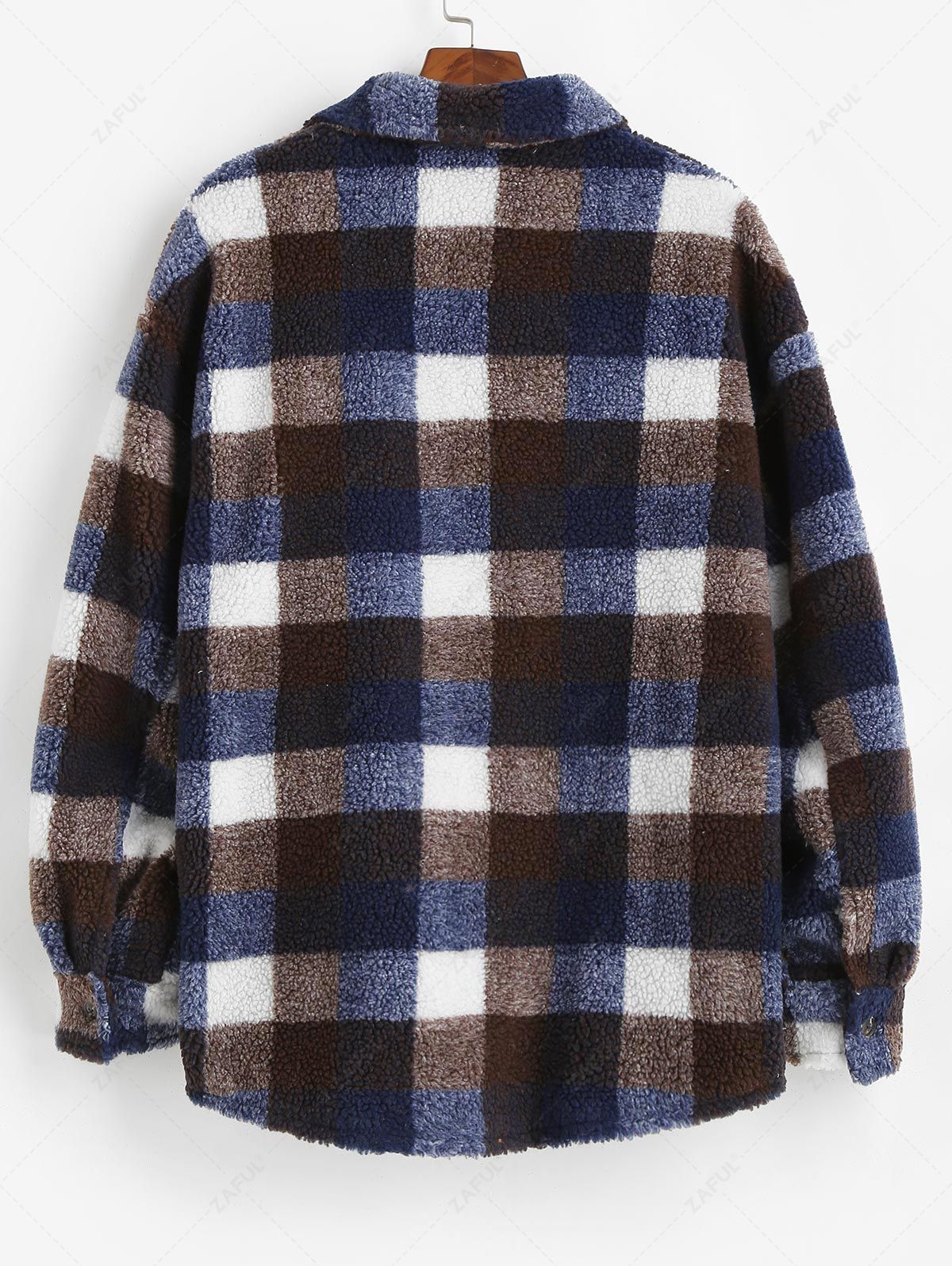 Plaid Pocket Button Up Teddy Fluffy Fleece Shirt Jacket