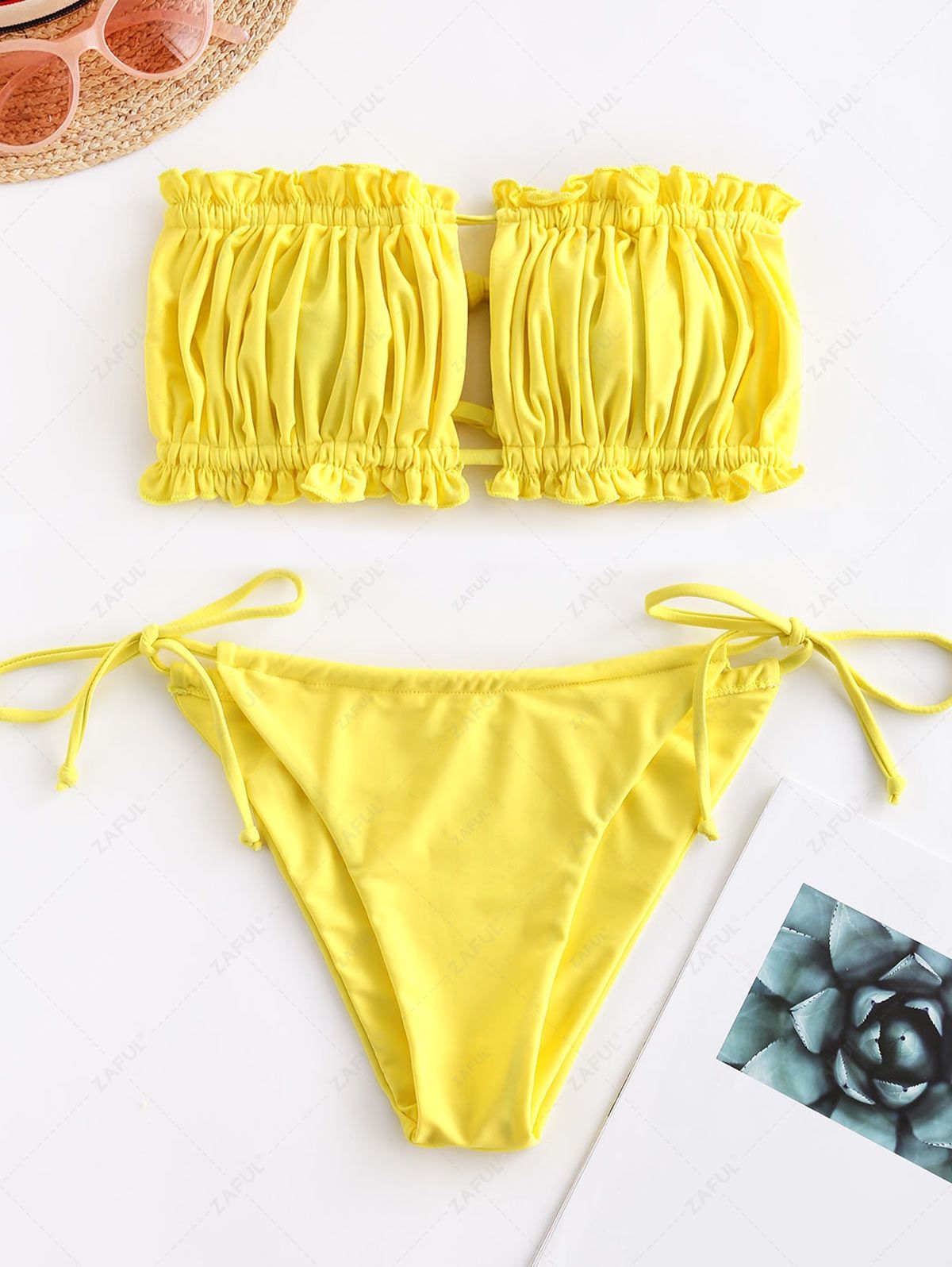 ZAFUL Ruffle Tie Side Low Waisted Bandeau Bikini Swimsuit