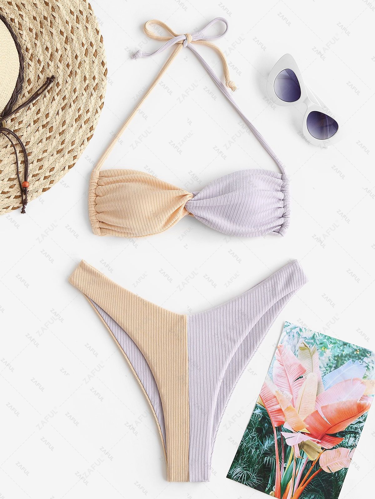 ZAFUL Ribbed Colorblock Twisted Bikini Swimwear