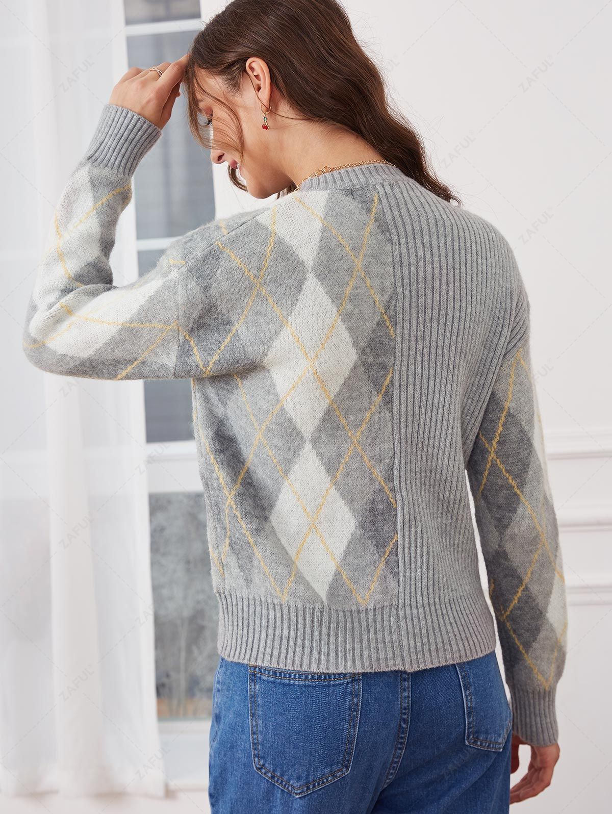  ZAFUL Argyle Ribbed Drop Shoulder Sweater