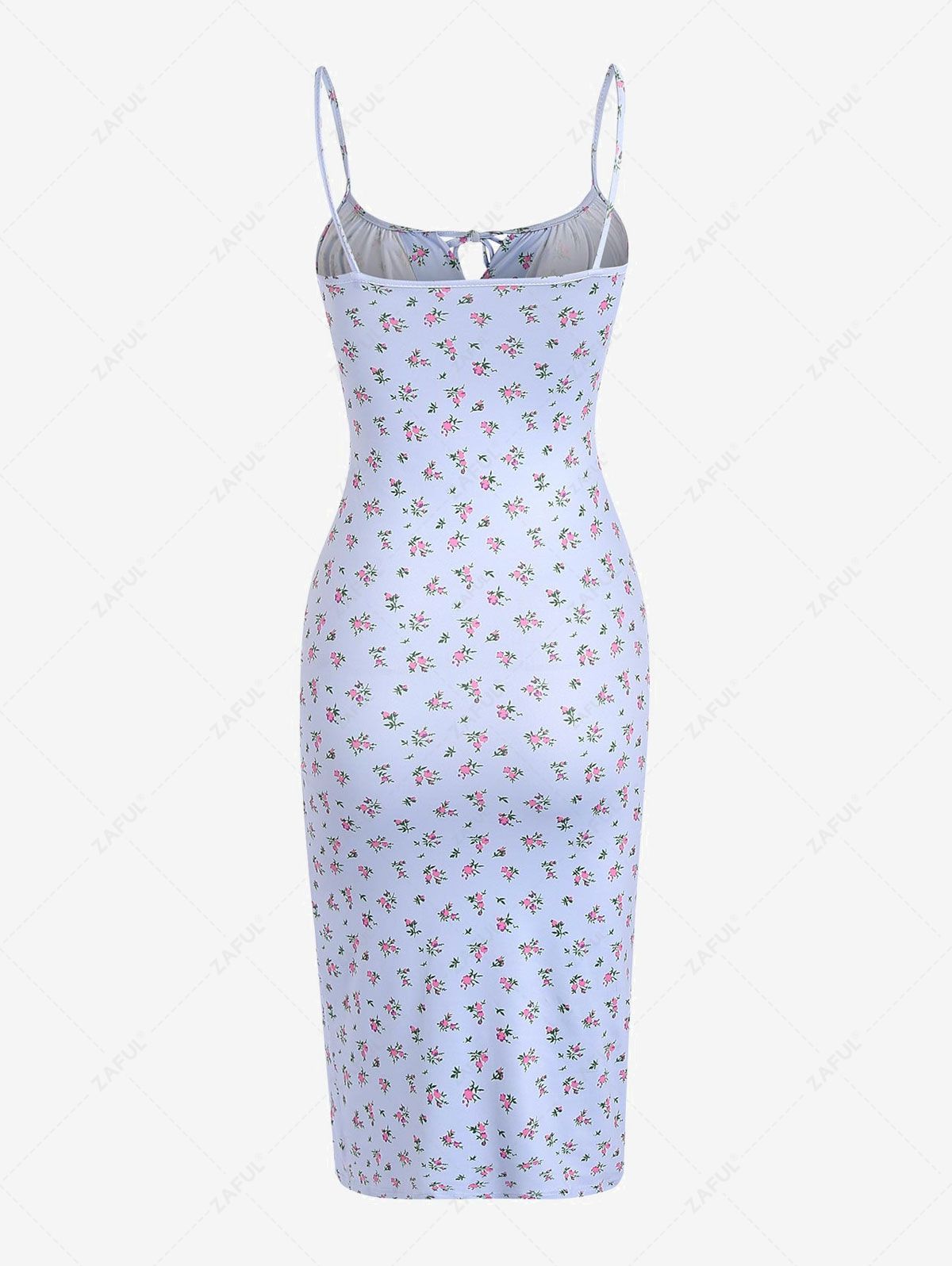 Print Dresses Front Slit Cami Tie Collar Ditsy Floral Dress