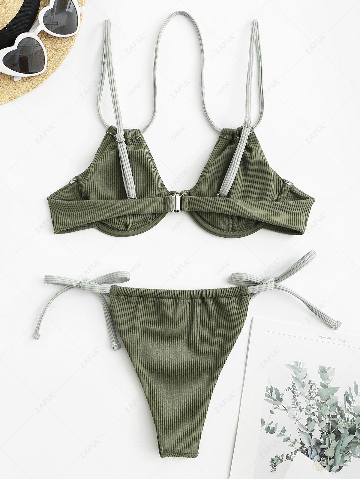 ZAFUL Ribbed Underwire Tie Side Bikini Swimwear