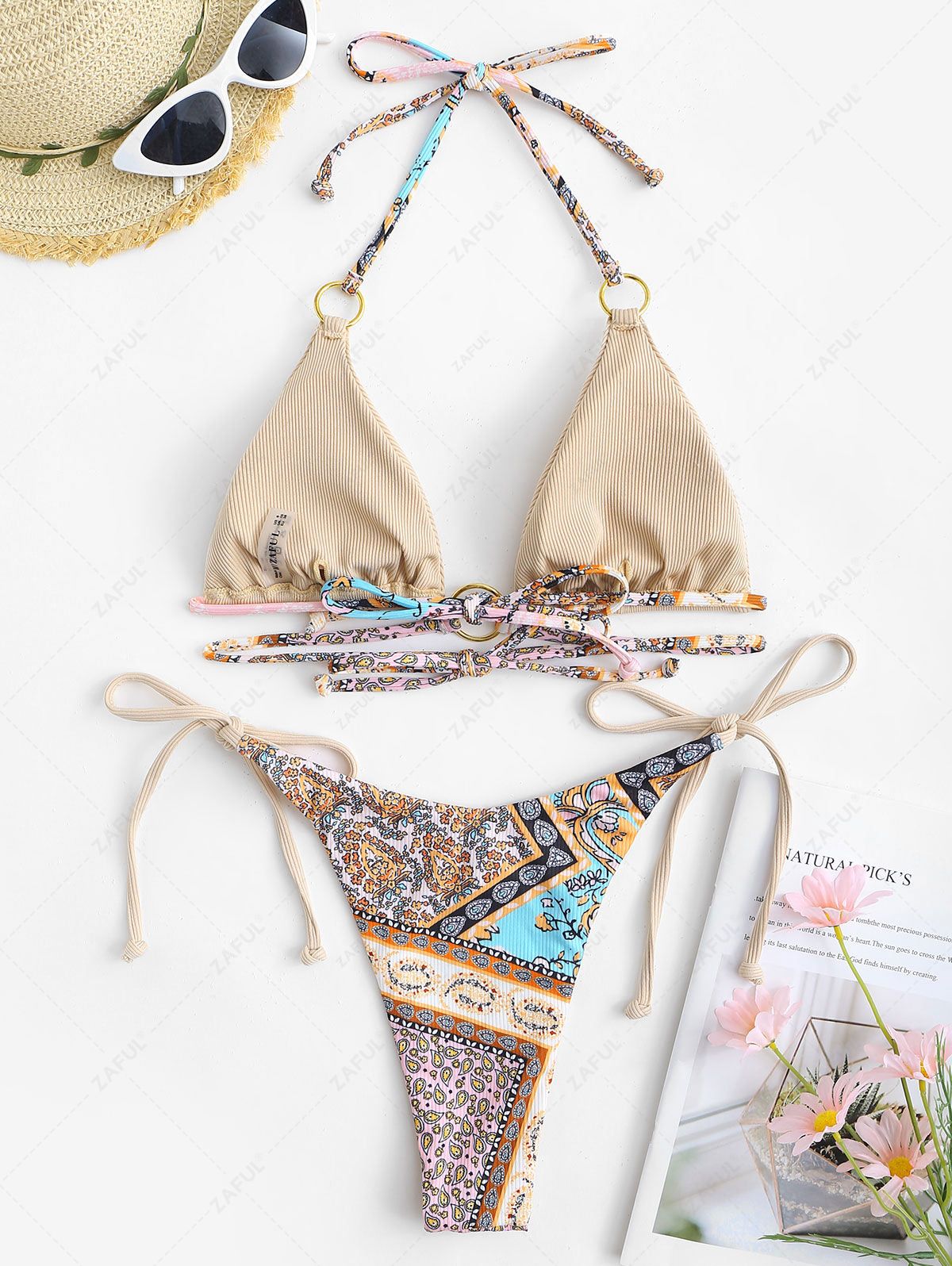 ZAFUL Scarf Print Halter Criss Cross Mix and Match Bikini Swimwear