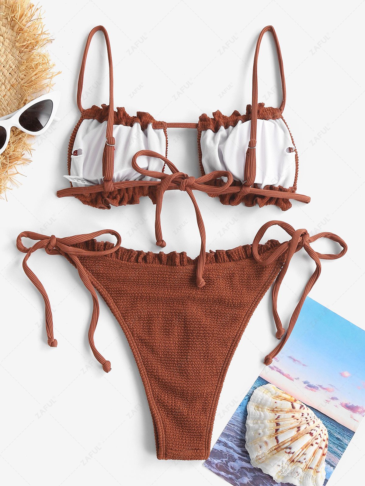 ZAFUL Crinkle Frilled Tie Side String Bikini Swimwear