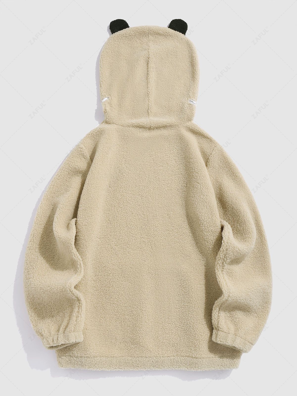 ZAFUL Zip Hooded Letter Embroidered Cartoon Bear Shape Faux Sherpa Fuzzy Hoodie