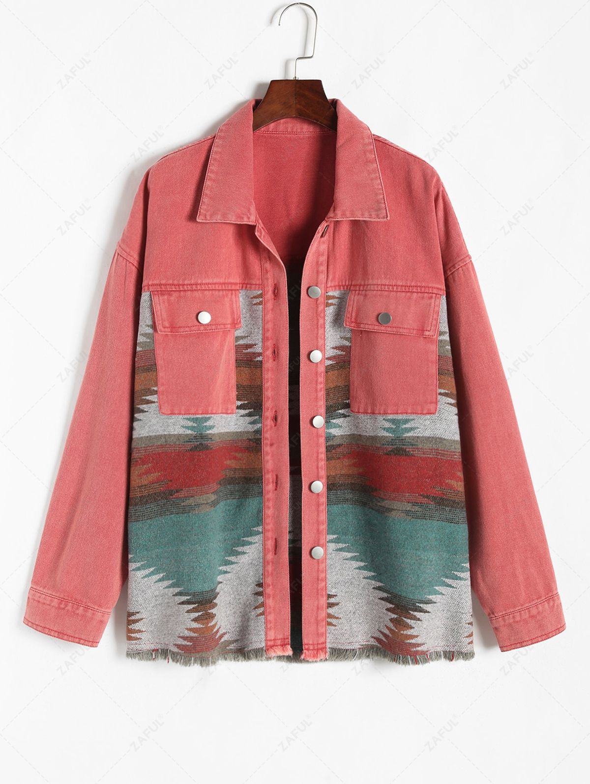 Women Fall Long Sleeves Ethnic Aztec Printed Denim Panel Loose Outdoor Jacket