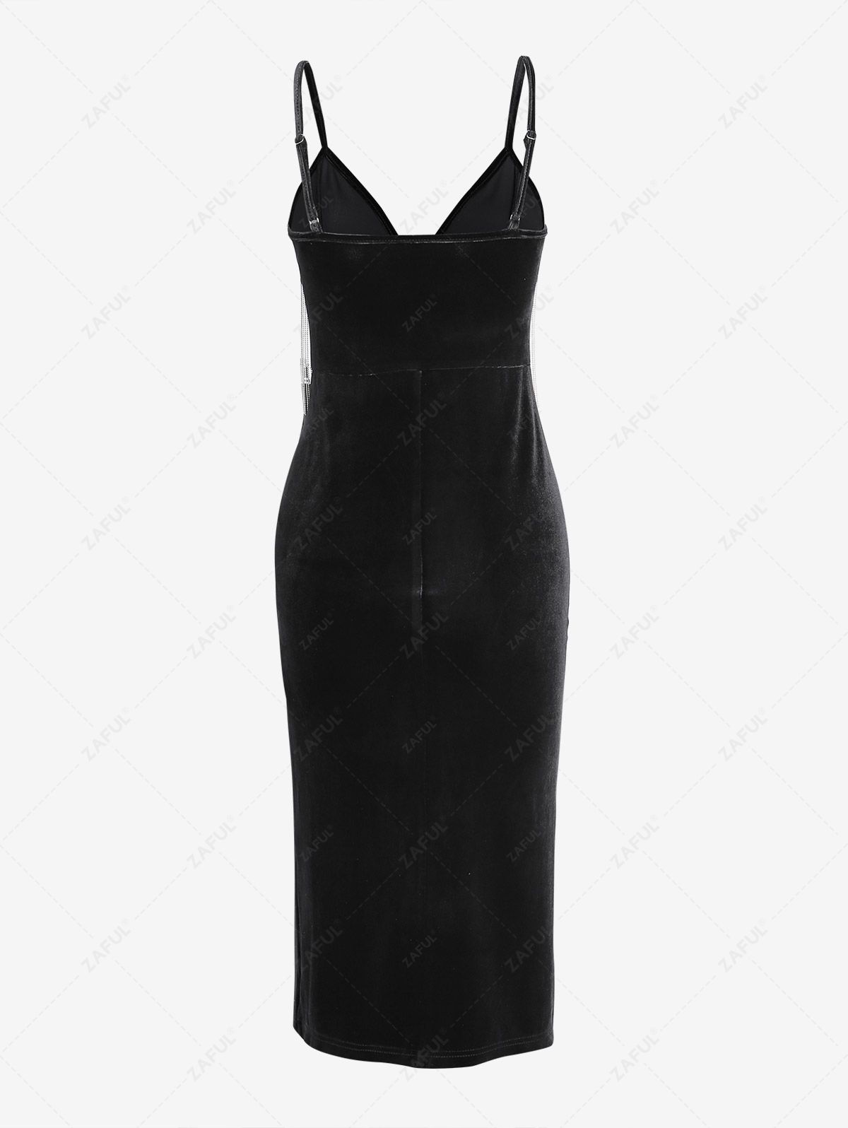ZAFUL Cami Chains Fringed Velvet Asymmetrical Midi Dress