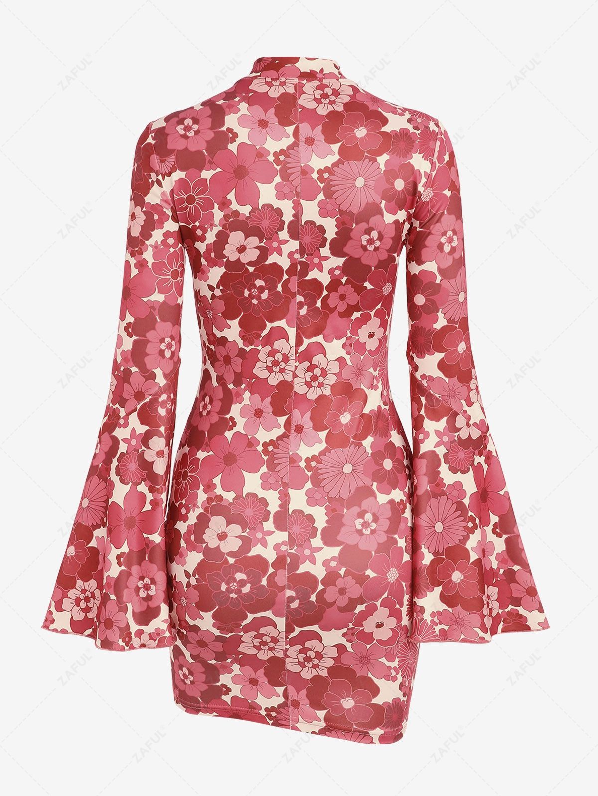 Print Dresses ZAFUL Mock Neck Retro Floral Sheer Mesh Flare Sleeve Mini Dress
