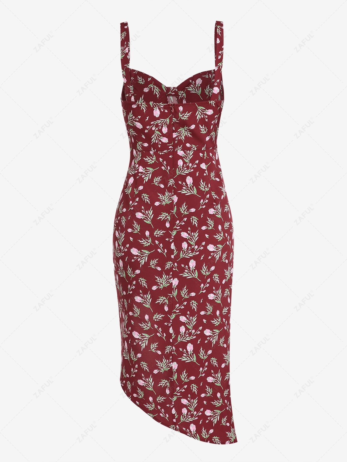 ZAFUL Floral Print Ruched Asymmetric Midi Dress