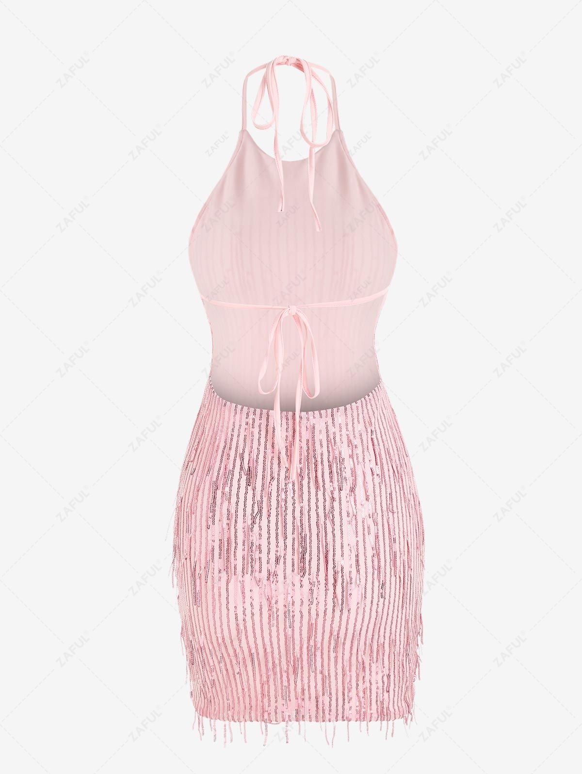Sequined Fringed Tie Backless Halter Party Mini Vegas Dress