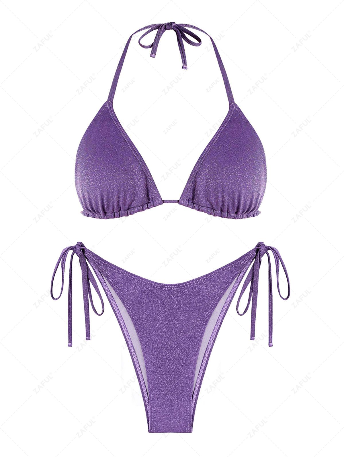 Tie Side Sparkly Metallic Thread Triangle Bikini Swimwear