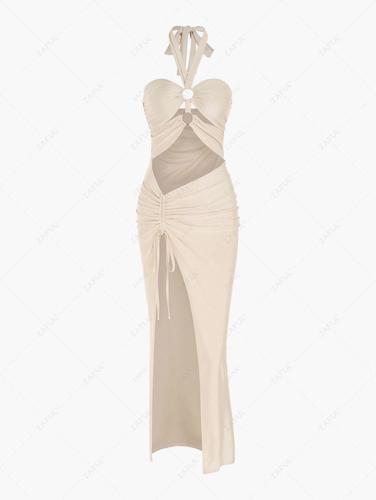 O-ring Cinched Cut Out Thigh High Slit Halter Vegas Dress