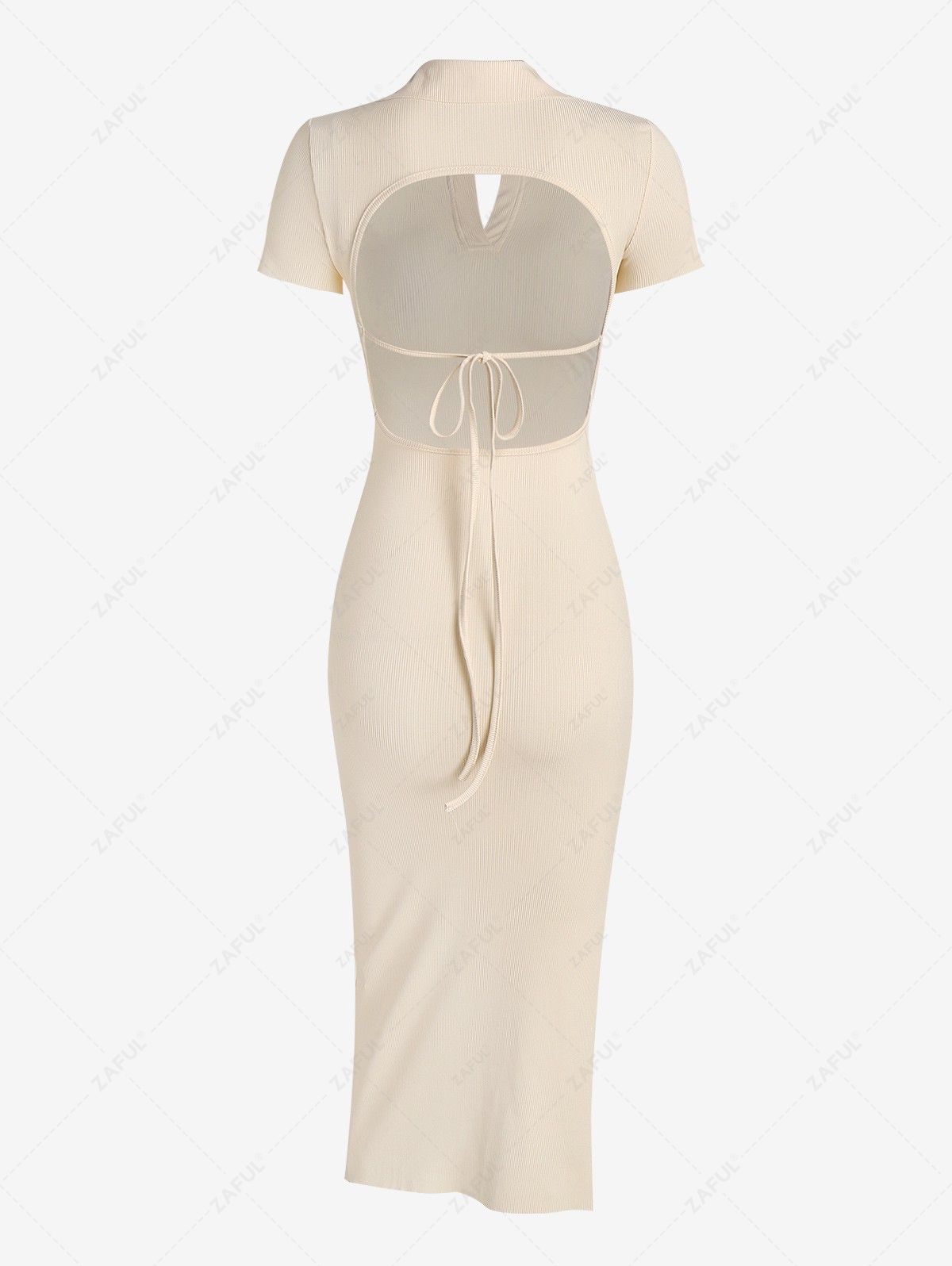 Ribbed V Notched Open Back Tie Thigh Split Midi Dress