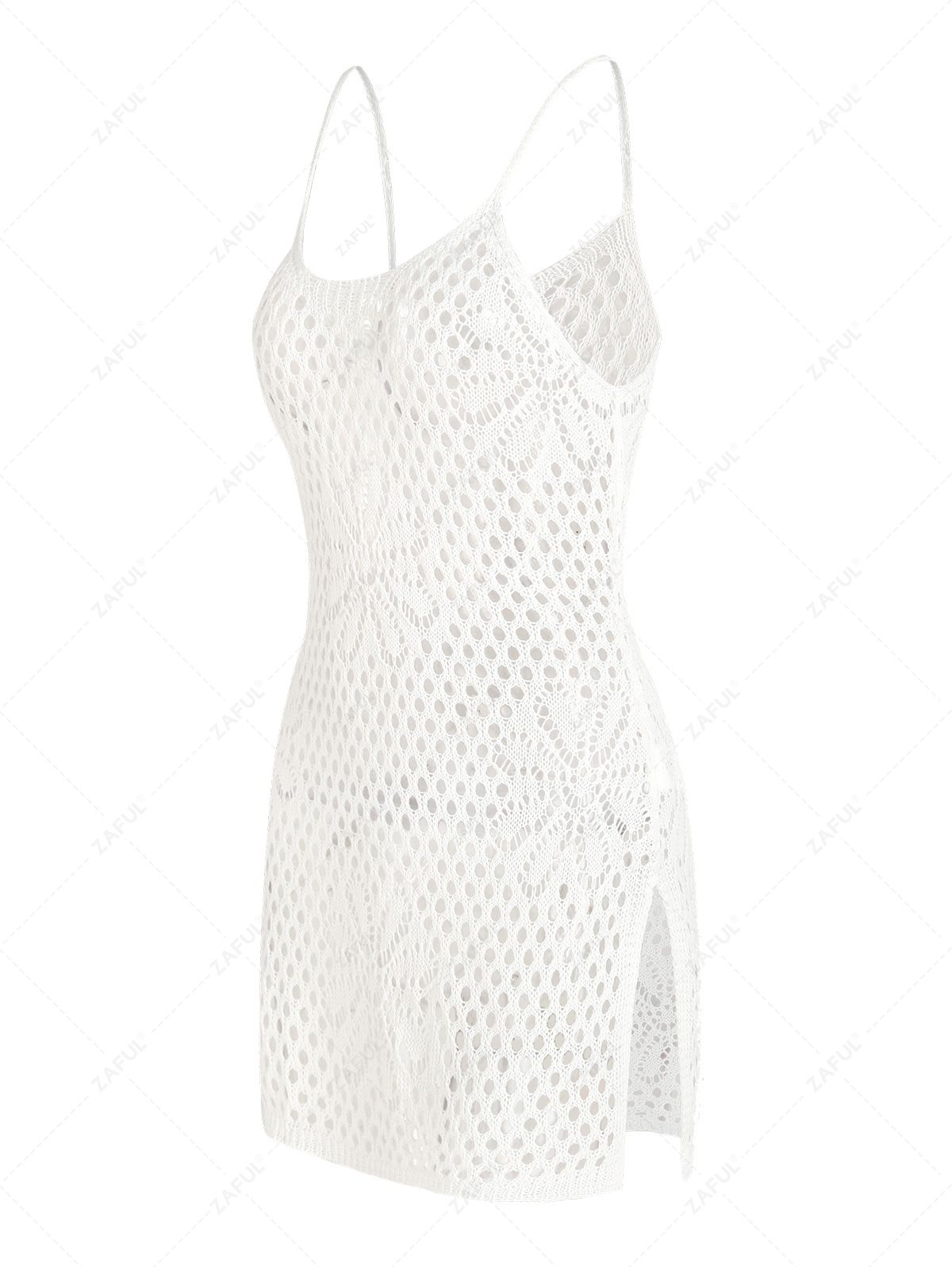 Side Slit Floral Sheer Crochet Knit Cover Up Beach Cami Dress