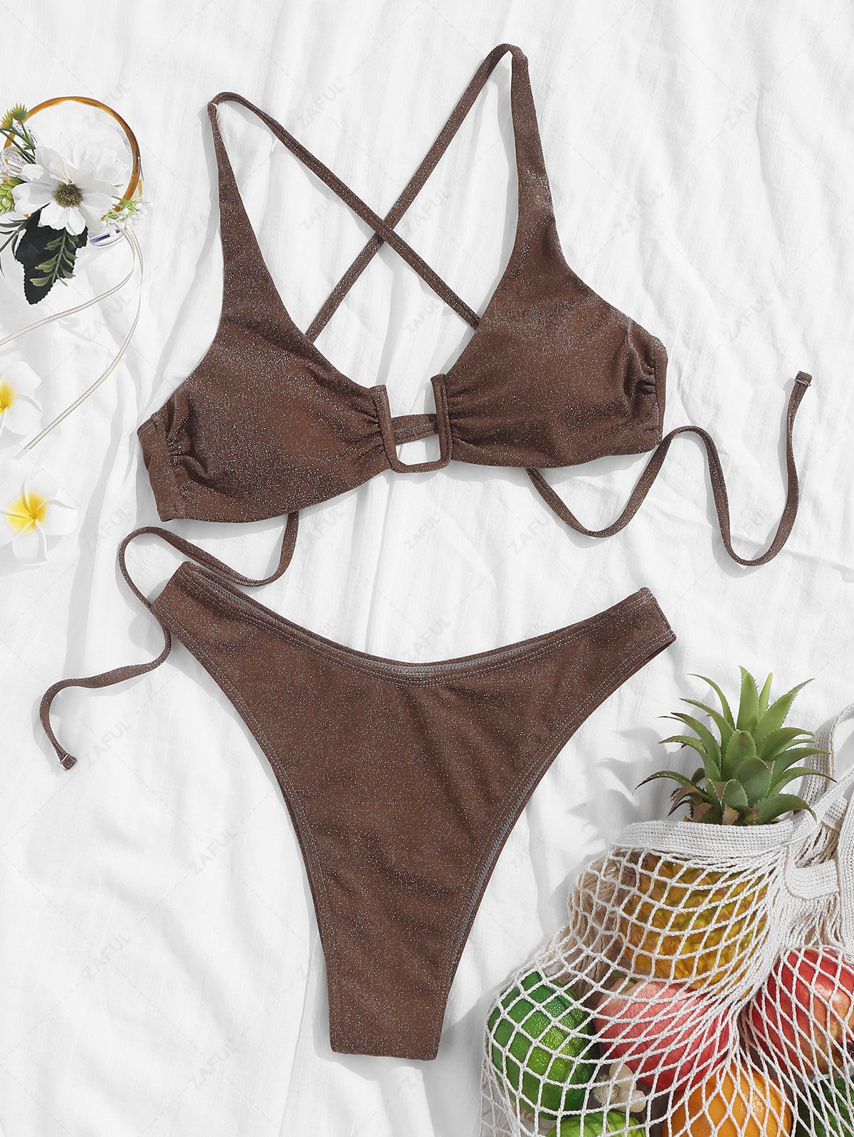 ZAFUL U-wire Lace Up Criss Cross Metallic Glitter Sparkly Bikini Swimwear