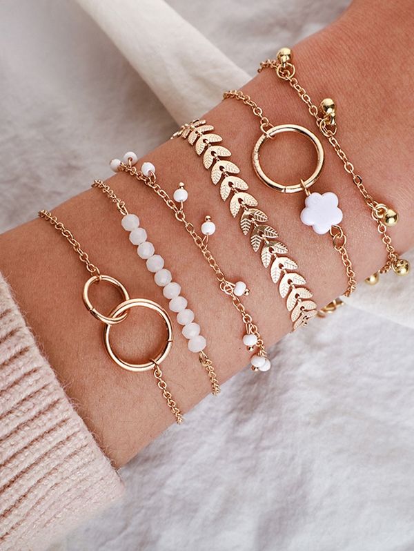 Women's 6Pcs Leaf Floral Beading Circles Decorated Bracelets