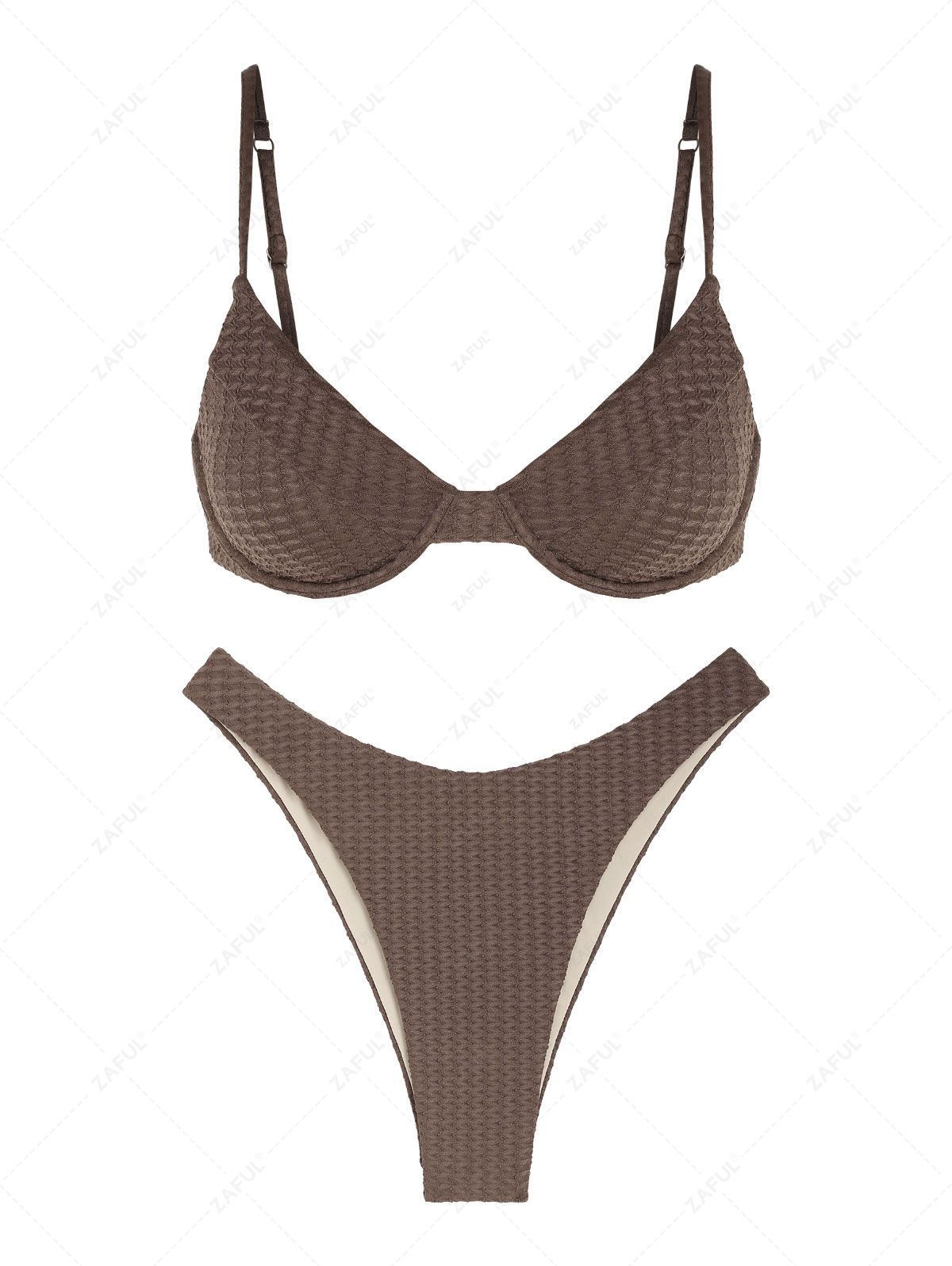 ZAFUL Women's Textured Spaghetti Strap Underwire Tie Back High Leg Cheeky Two Piece Bikini Swimwear