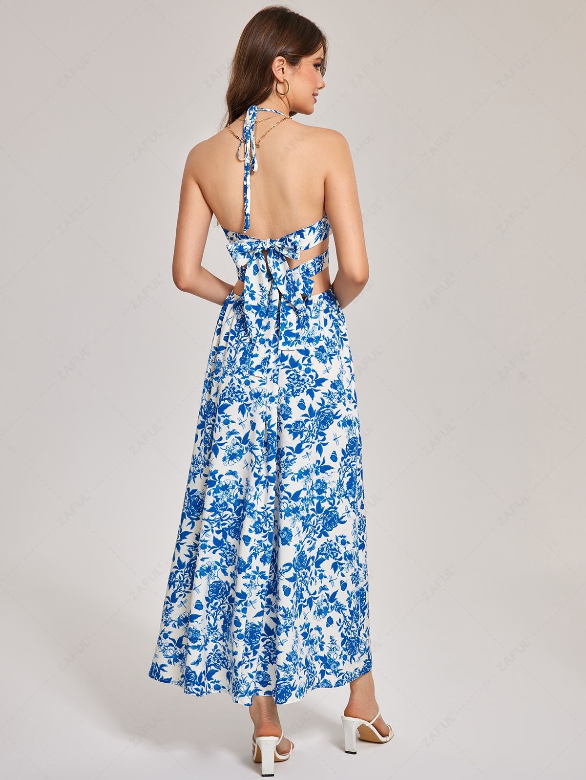 Print Dresses ZAFUL Women's Summer Vacation Tied Open Back Floral Print Cut Out Thigh High Slit Halter Midi Dress