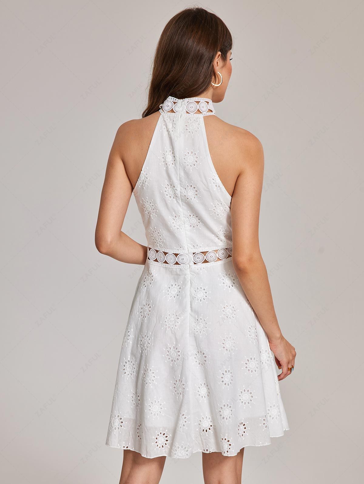 Mini Dresses ZAFUL Eyelet Skate Floral Trim Broderie Anglaise Mini Dress
