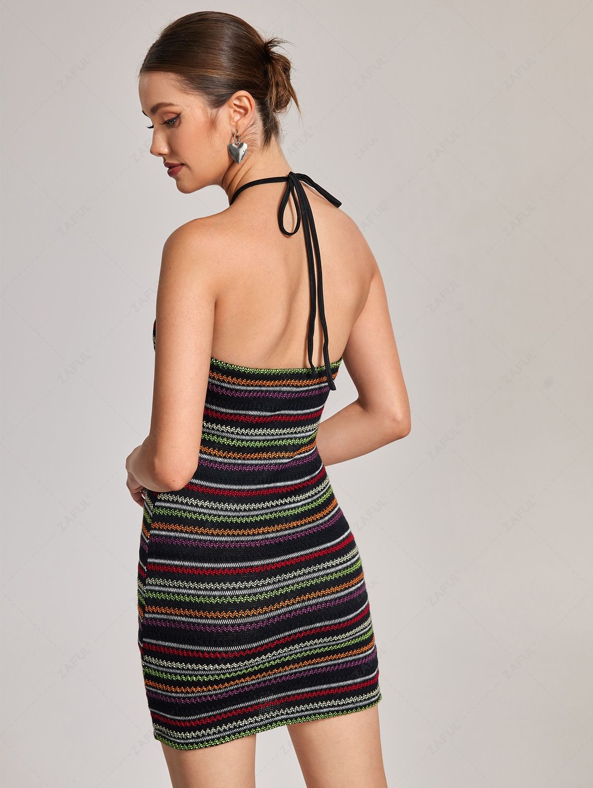 Mini Dresses ZAFUL Open Back Halter Colorful Stripes Knit Slinky Mini Dress