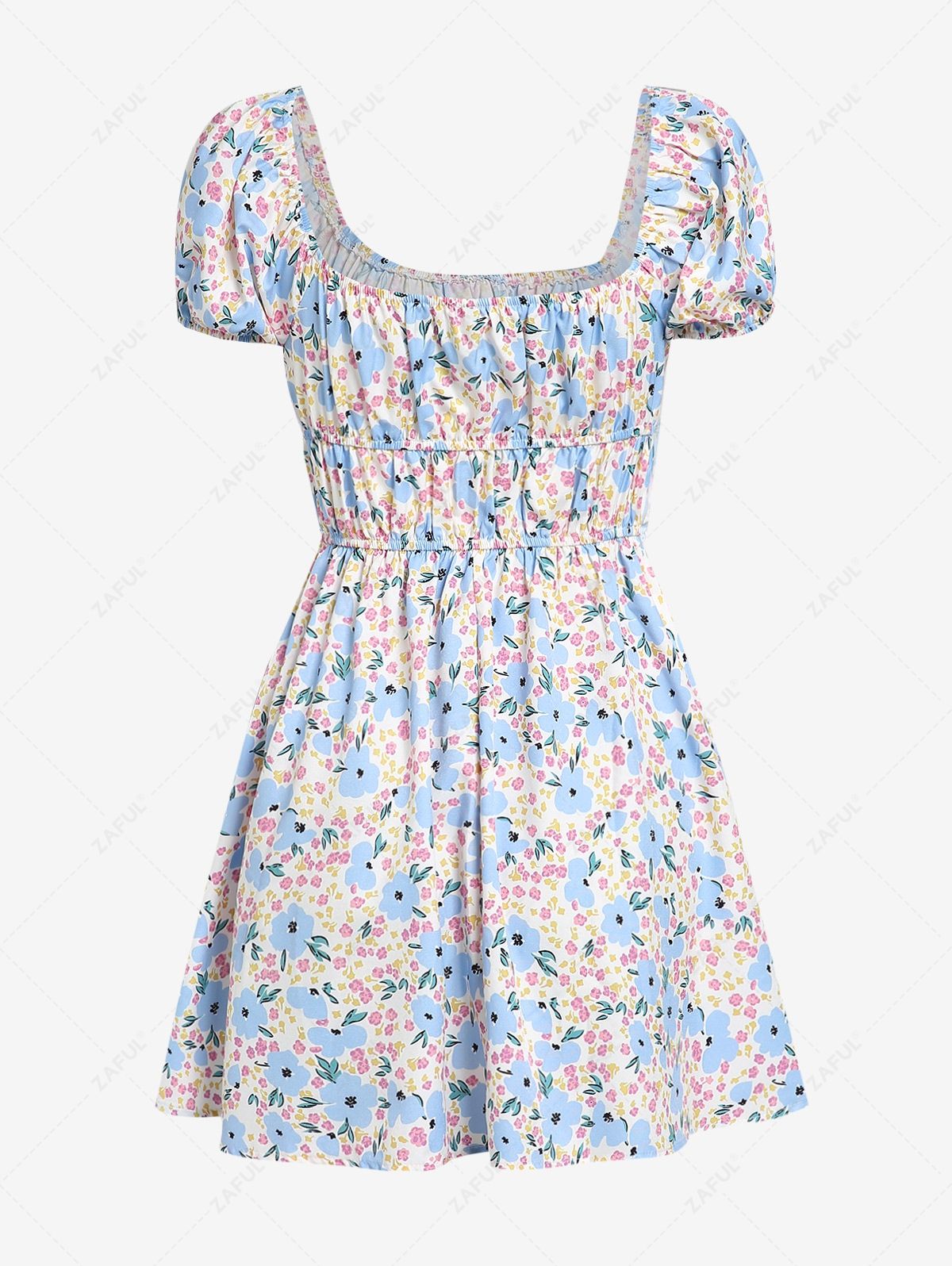 Mini Dresses ZAFUL Floral Ditsy Print Puff Sleeve Ruched Tie Dress