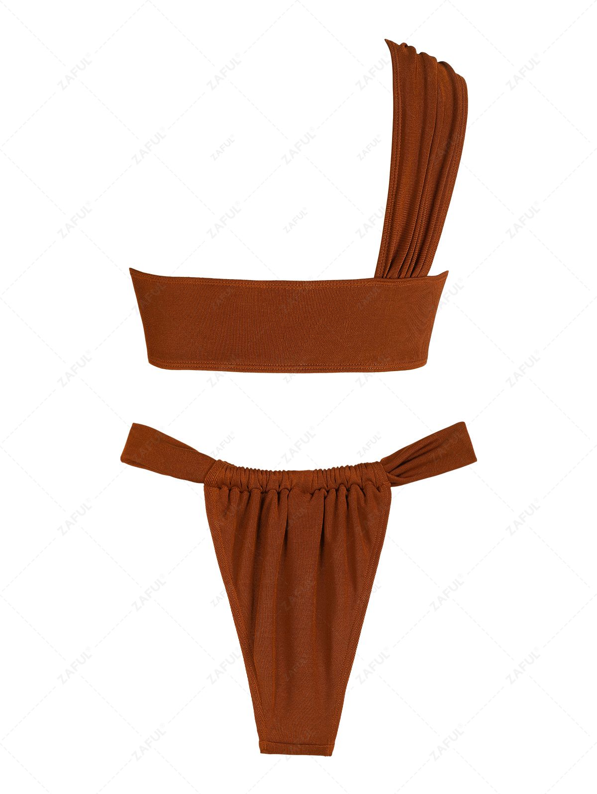 ZAFUL Women's One Shoulder Jersey Twisted Ruched Design Loincloth Tanga Bikini Set Two Piece Swimwear
