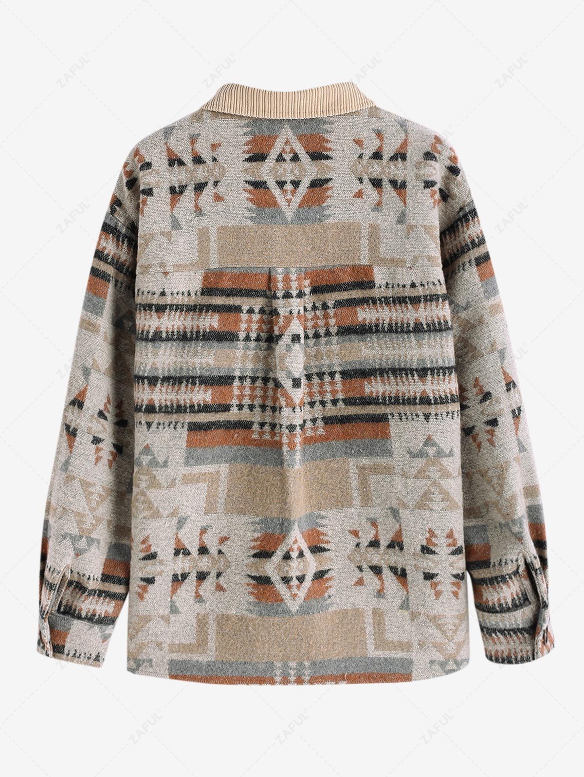 ZAFUL Women's Daily Ethnic Aztec Jacquard Drop Shoulder Turn Down Collar Flap Detail Button Up Shacket