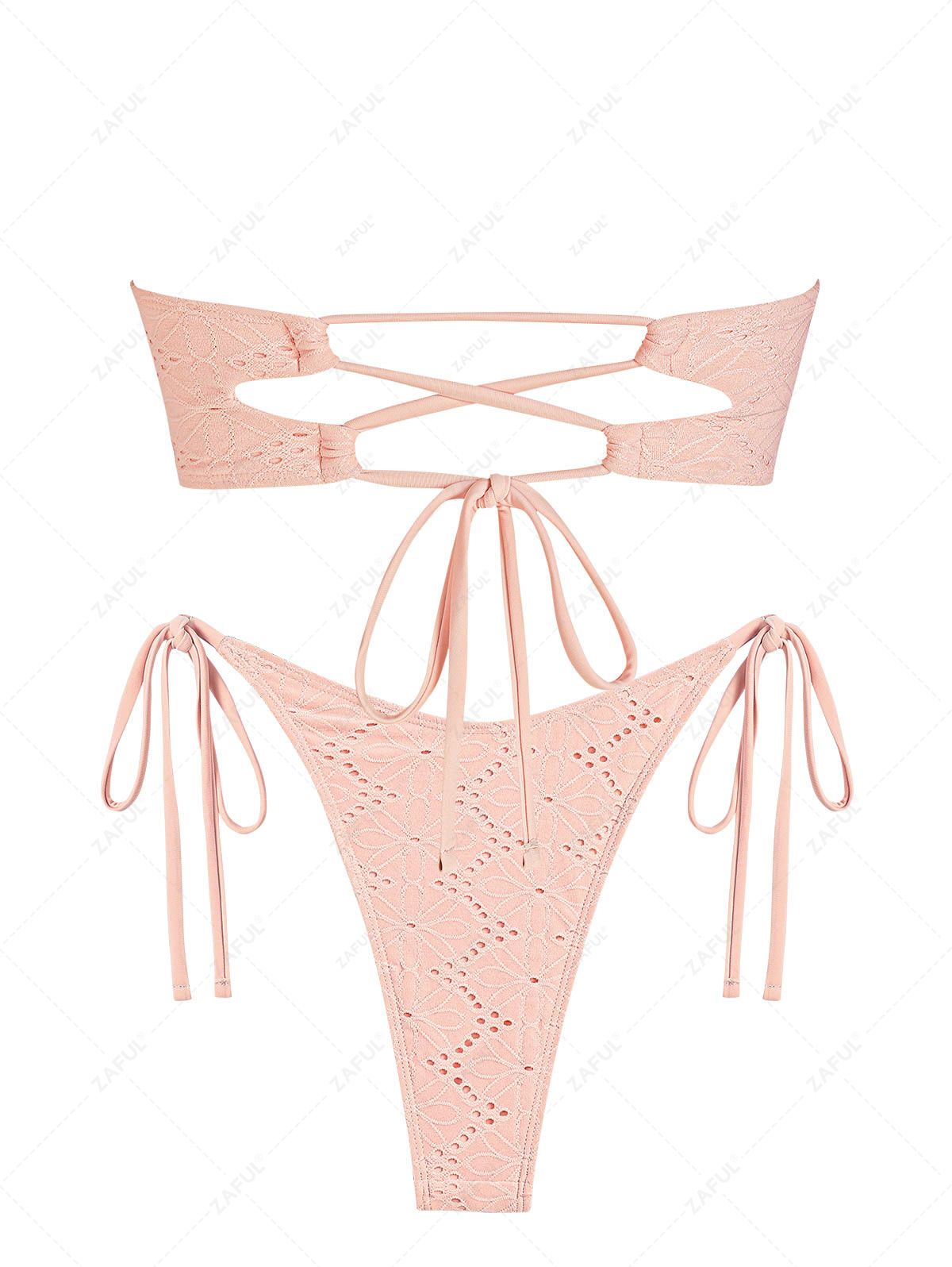 ZAFUL Women's Sexy Matching Two Piece Swimwear Solid Color Eyelet O Ring Tie Side High Leg Bandeau Lace Up Tanga Bikini Set