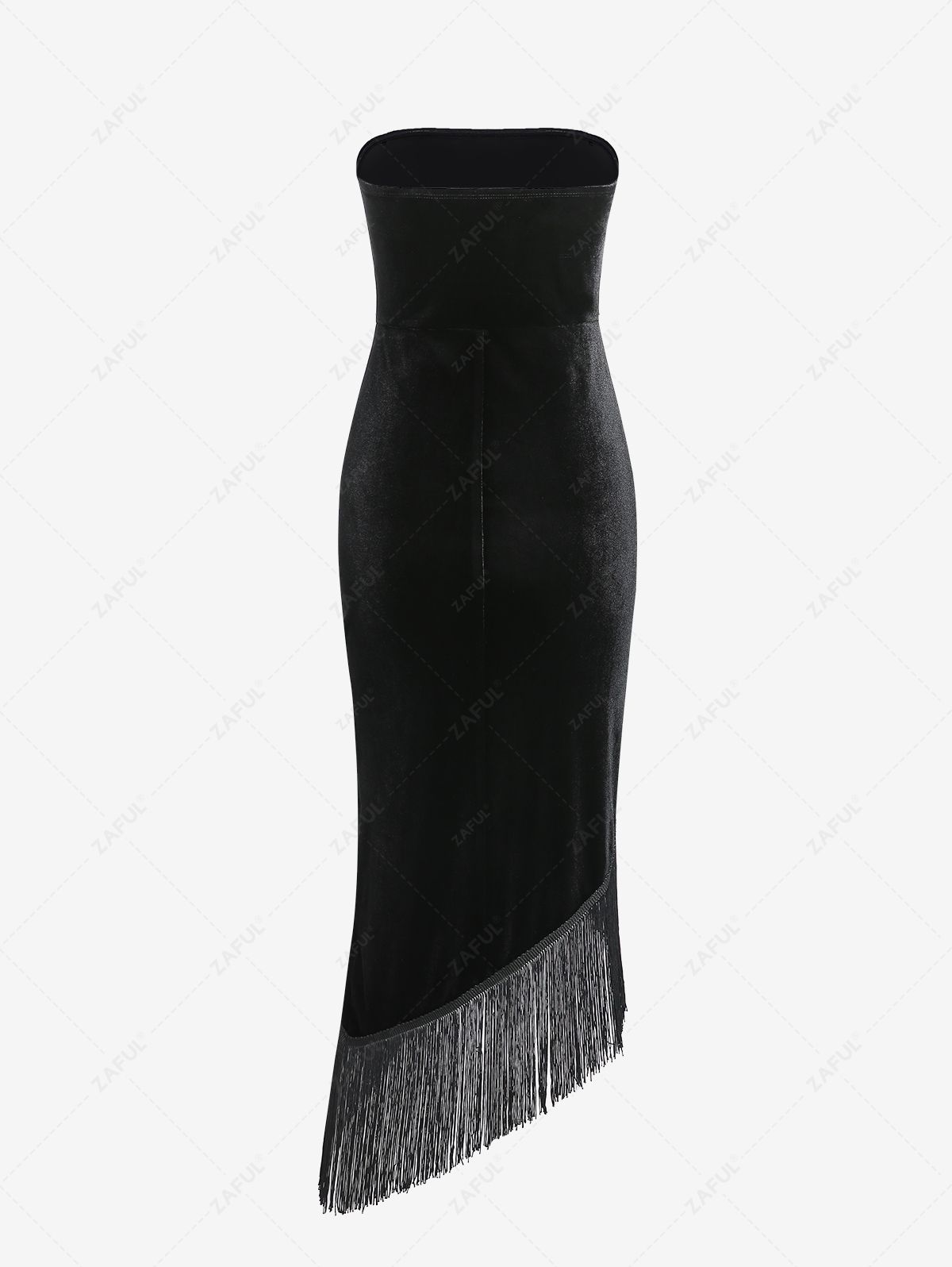 ZAFUL Women's Sexy Elegant Club Dating Night Going Out Solid Color Fringed Ruched Draped Design Strapless Asymmetrical Midi Tube Dress
