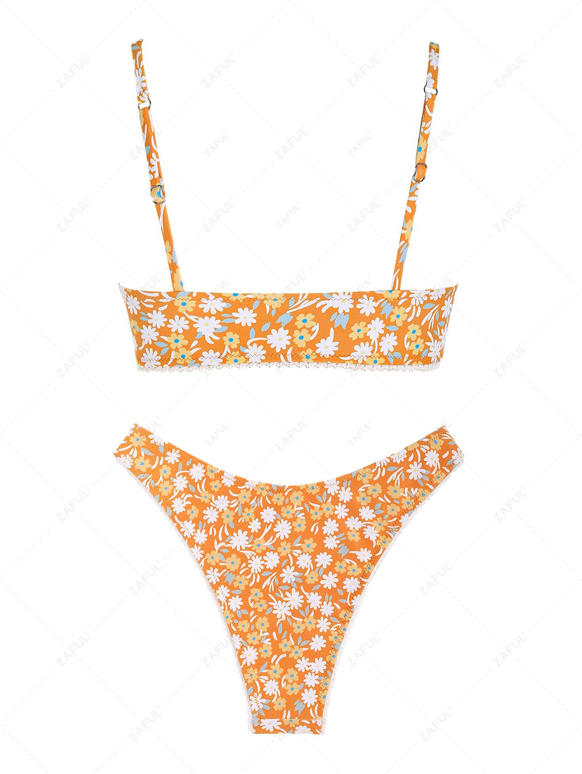 ZAFUL Women's Ditsy Floral Print Guipure Trim Ruched Adjustable Spaghetti Strap Tank Style Cheeky Bikini Set Matching Two Piece Swimwear