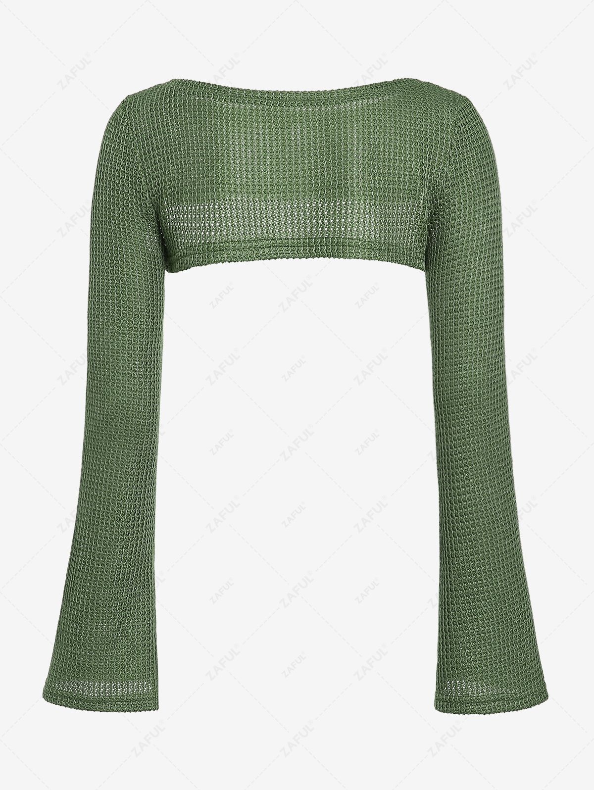  ZAFUL Women's Daily Solid Color Semi-sheer Knit Openwork Flare Sleeve Crop Shrug Style Sweater