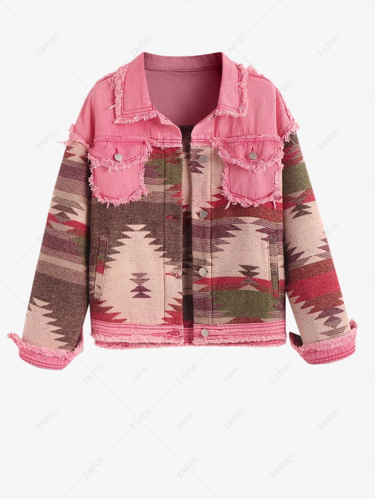 Women's Ethnic Aztec Print Denim Panel Mixed Media Frayed Design Pocket Button Up Turn Down Collar Drop Shoulder Jacket