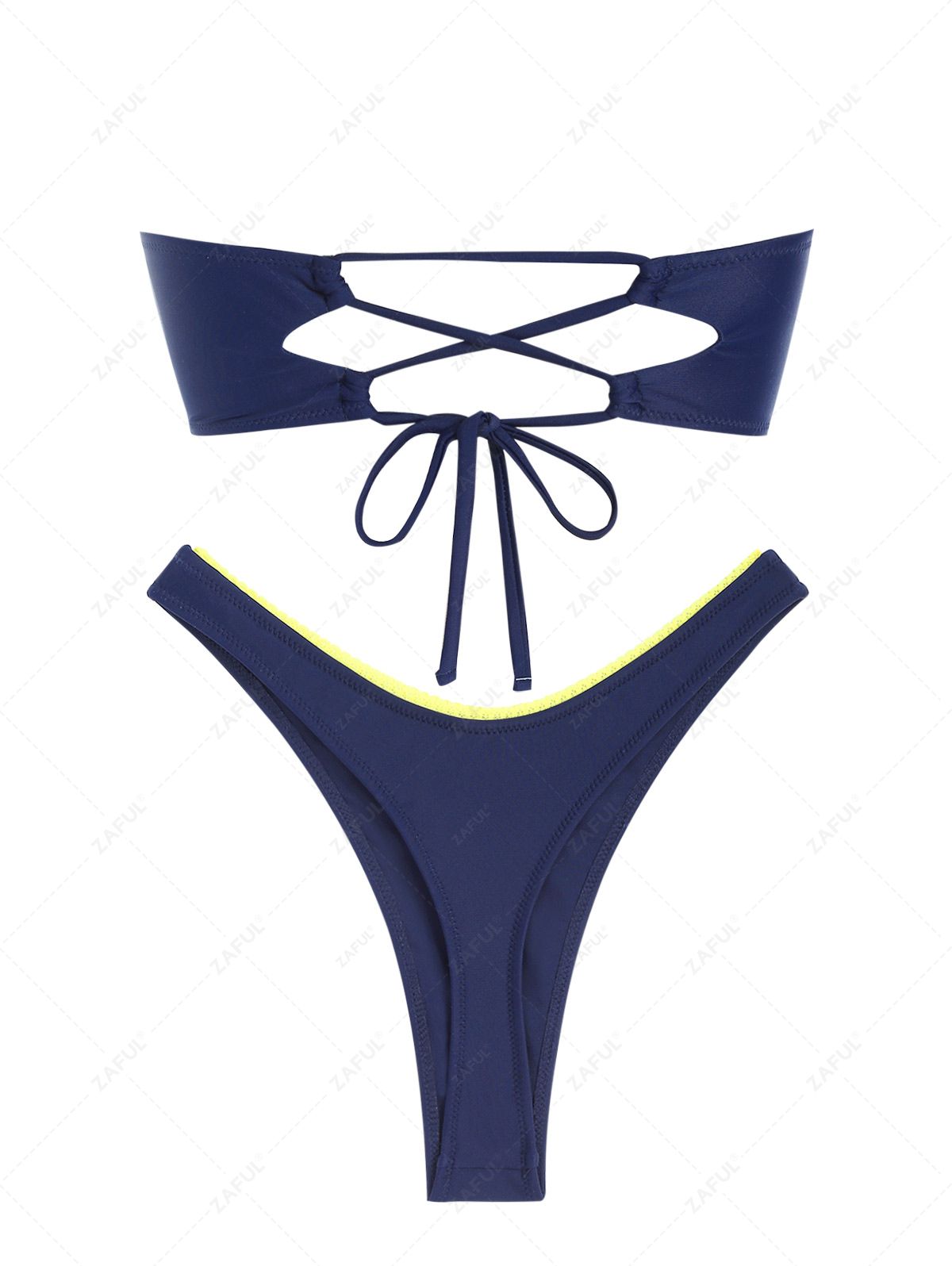 ZAFUL Women's Bowknot Design Lace Up Cinched Ruched Side Fishbone Lace Trim Bandeau Thong  Bikini Two Piece Set Swimwear