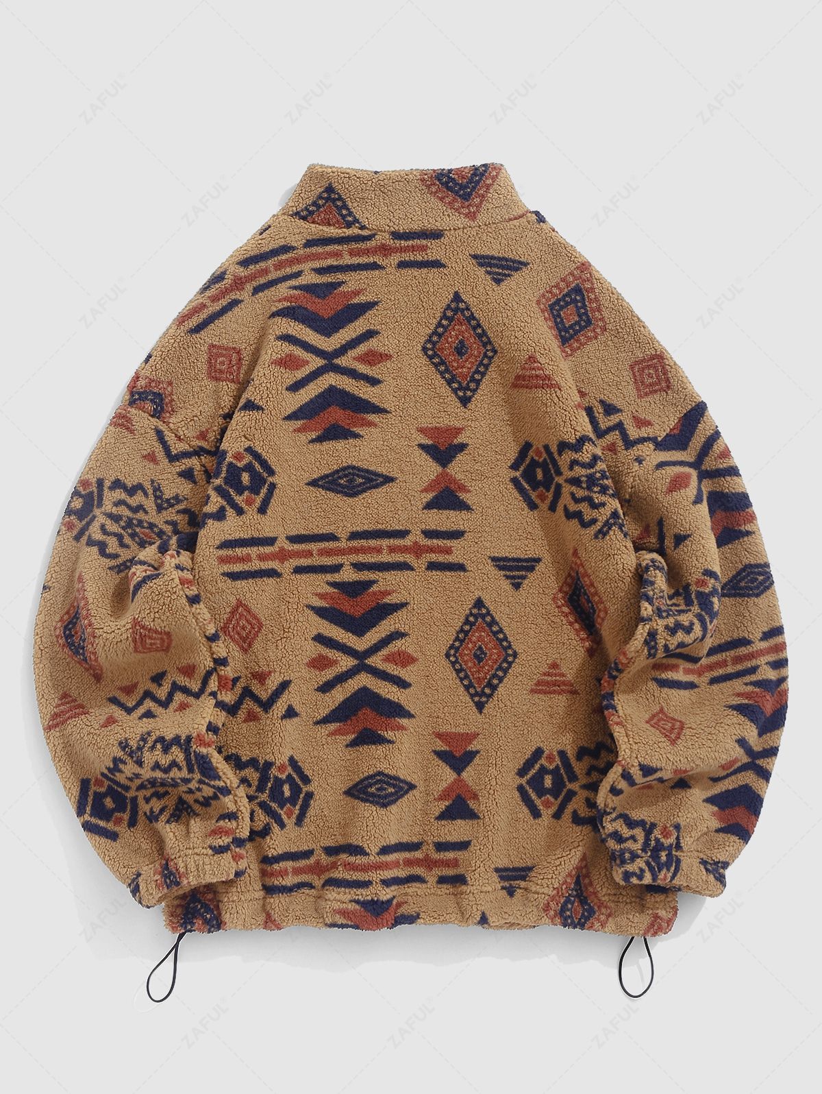 ZAFUL Women's Ethnic Geometric Print Faux Fur Toggle Drawstring Hem Zip Up Drop Shoulder Stand Collar Coat